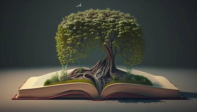 Дерево, растущее из открытой книги Генеративный ИИ