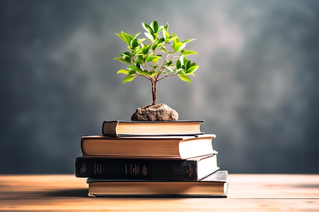 Un albero che cresce su una pila di libri