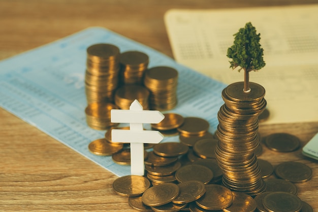 Photo tree growing on pile of golden coins and account book