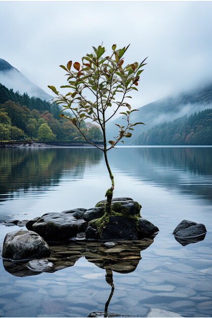 a tree growing on a rock in the water