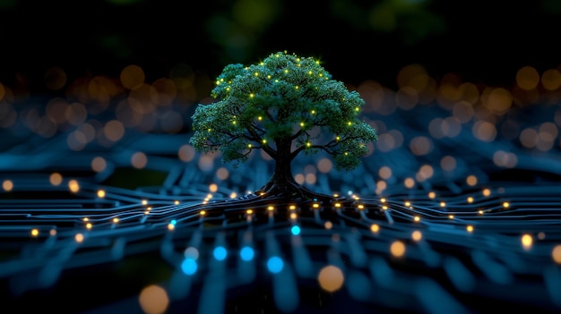 Дерево растет на круговороте с цифровой и технологической конвергенцией Голубой свет на заднем плане и сеть проволочных карт Концепции зеленых вычислений Зелёная технология Зелёные IT CSR и