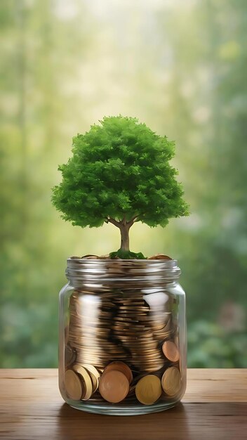 A tree grows on a coin in a glass jar with copy space