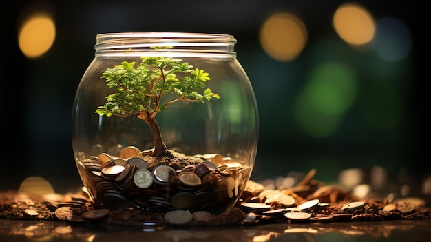 дерево растет на монете в стеклянной банке с местом для копирования