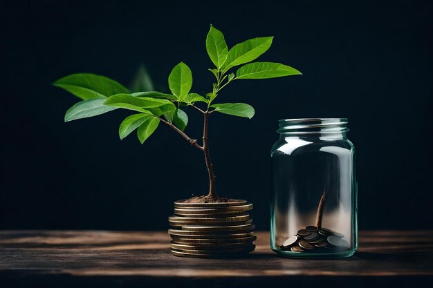 Photo a tree grows on a coin in a glass jar with copy space
