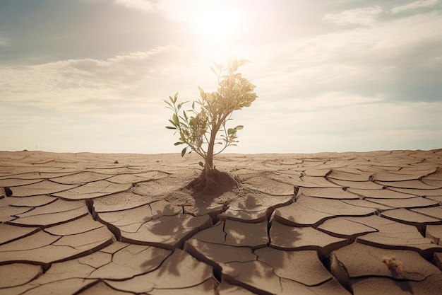 A tree grows in a cracked desert