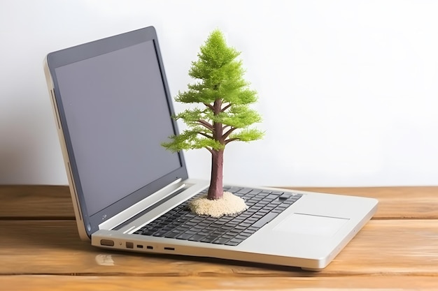 A tree grows from a laptop Green information technology Neural network AI generated