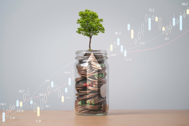 株式市場のグラフと上向きの矢印で瓶を保存するコインのツリーの成長投資の概念のためのお金の節約