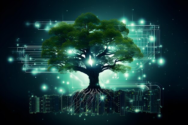 Tree growth concept in futuristic technology background Generative AI