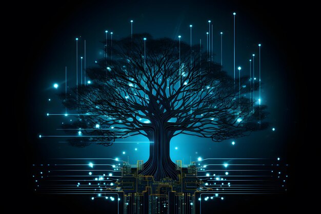 Photo tree growth concept in futuristic technology background generative ai