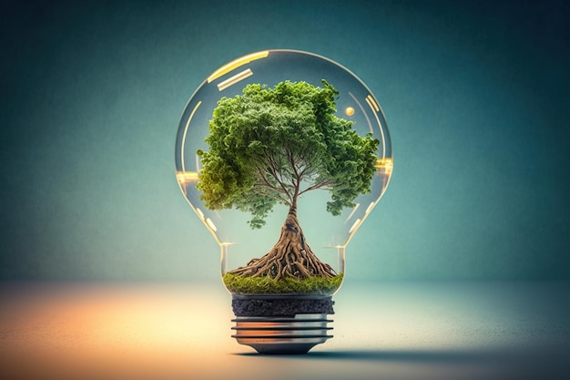 Tree growth and a light bulb with energy generated by AI