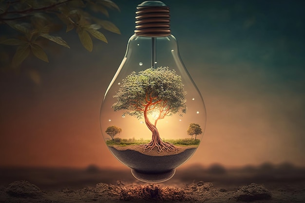 Tree growth and a light bulb with energy generated by AI