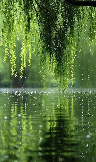 A tree hanging over a body of water with rain drops on