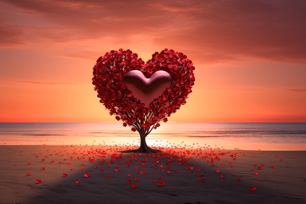 tree in heart shape and dramatic sunset sky concept of charity and love