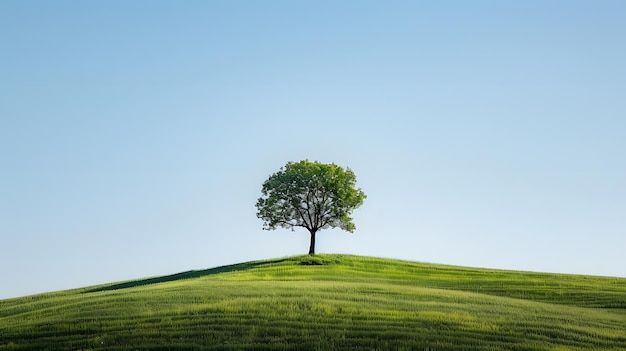 a tree on a hill with a blue sky in the background