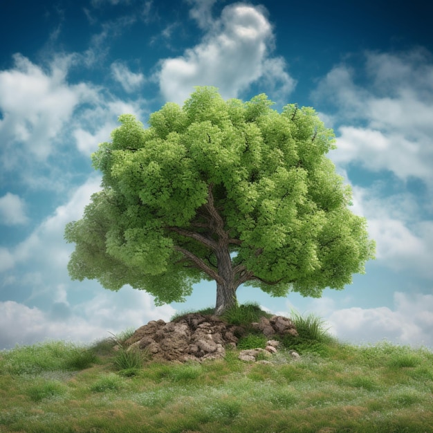 A tree on a hill with a blue sky and clouds in the background