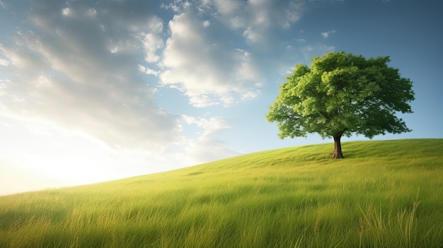 A tree on a hill with a blue sky and clouds