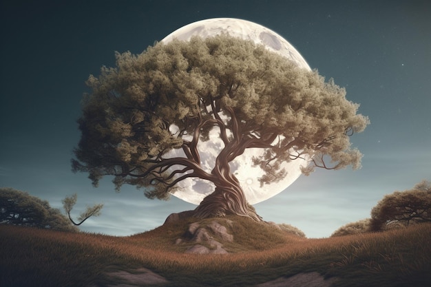 A tree on a hill with the moon in the background