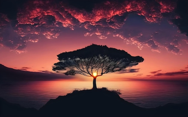 A tree on a hill with the sun setting behind it