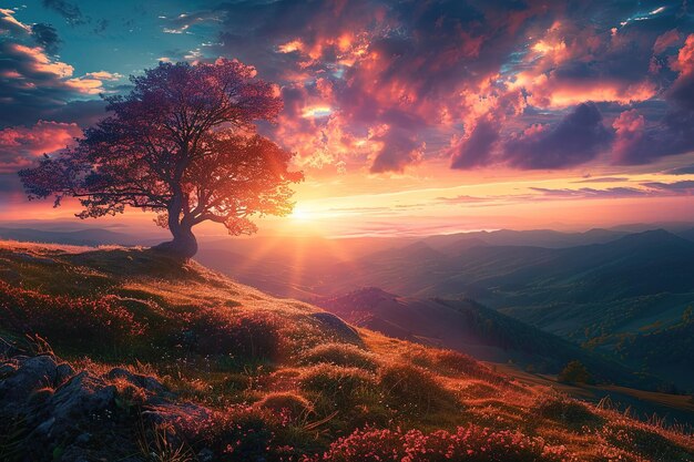 A tree on a hill with a sunset in the background