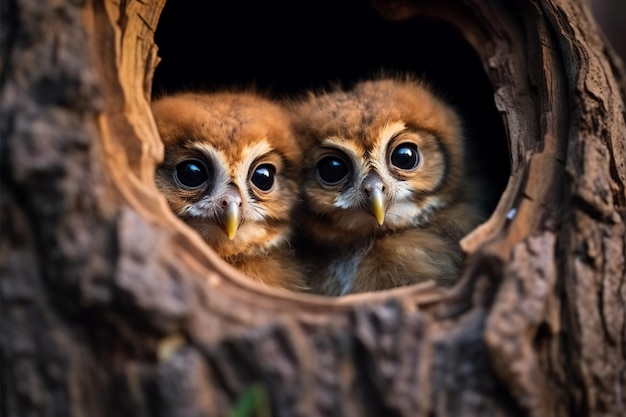 Tree hole nest reveals two curious baby owls perfect for text