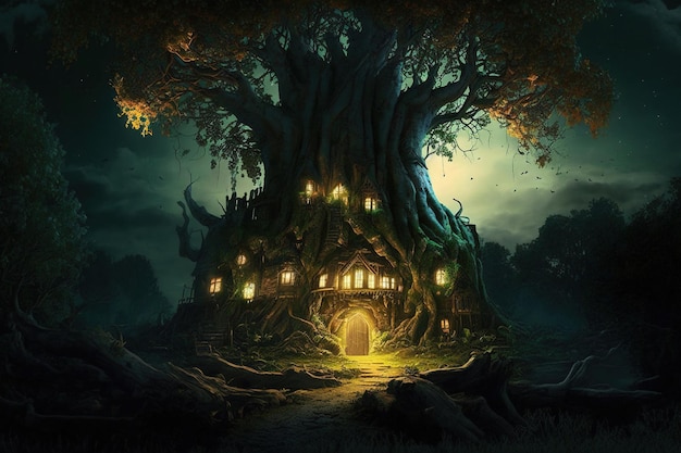 The tree house in the dark