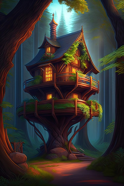 Photo tree house in an enchanted forest fantasy stronghold