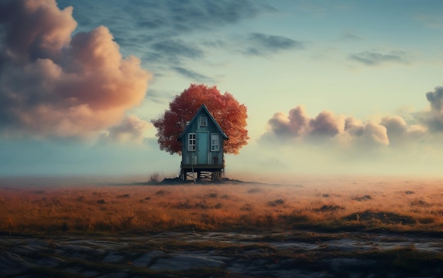 Foto una casa sull'albero in un campo con uno sfondo celeste ai