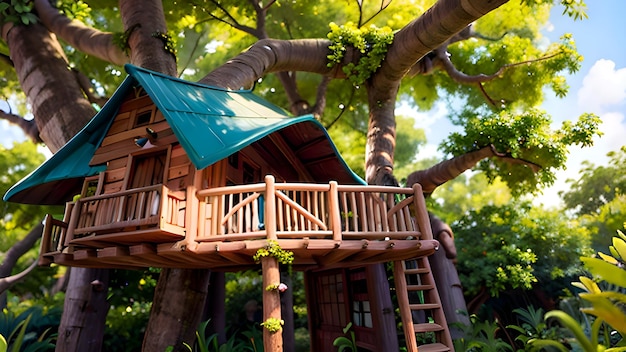 The tree house is made of wood and has a blue awning