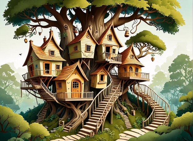 a tree house in the middle of the forest