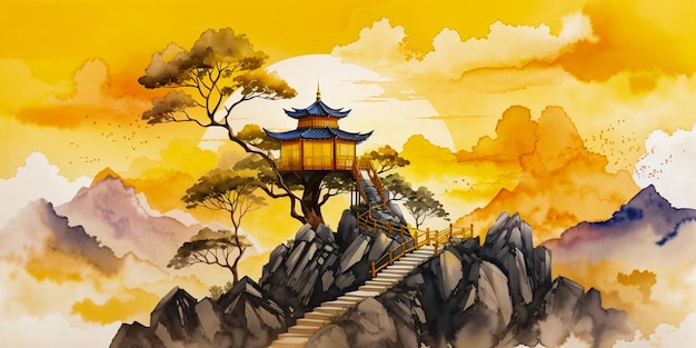 Дом на дереве, гора, закат, китайская акварель, абстрактное искусство, обои, фоновая иллюстрация