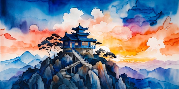 ツリーハウスマウンテンサンセット中国水彩抽象アート壁紙背景イラスト