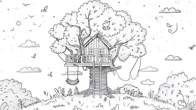 A tree house nestled high in the branches of a large tree The tree house is surrounded by lush foliage and has a ladder leading up to it