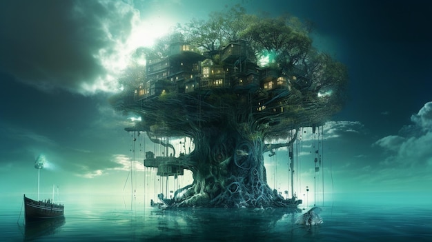 A tree house in the ocean with a boat in the water