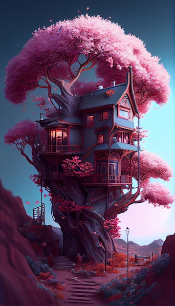 Tree house sitting on top of a hill generative ai