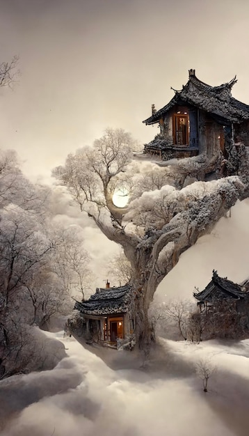 Tree house sitting on top of a snow covered hill generative ai