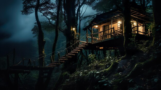 Photo tree house tropical forest in night