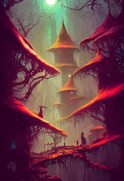 Дом на дереве Деревня в ночном лесу Светящиеся огни Светлячки Веревочные мосты Эпическая композиция, созданная искусственным интеллектом