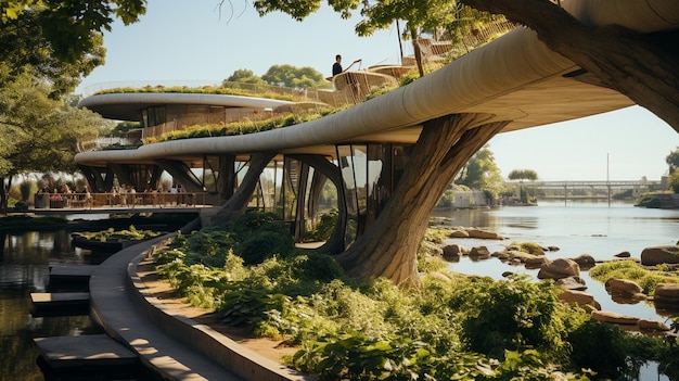 a tree house with a bridge in the background