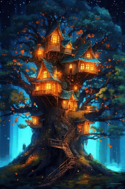 A tree house with a glowing lantern.