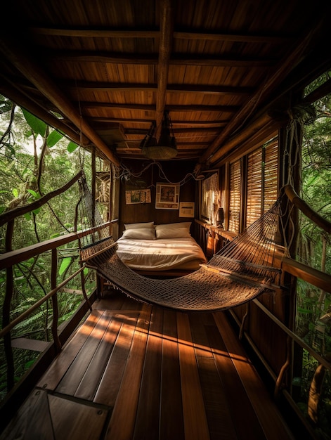 A tree house with a hammock and a hammock