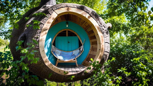 A tree house with a hammock hanging from the tree