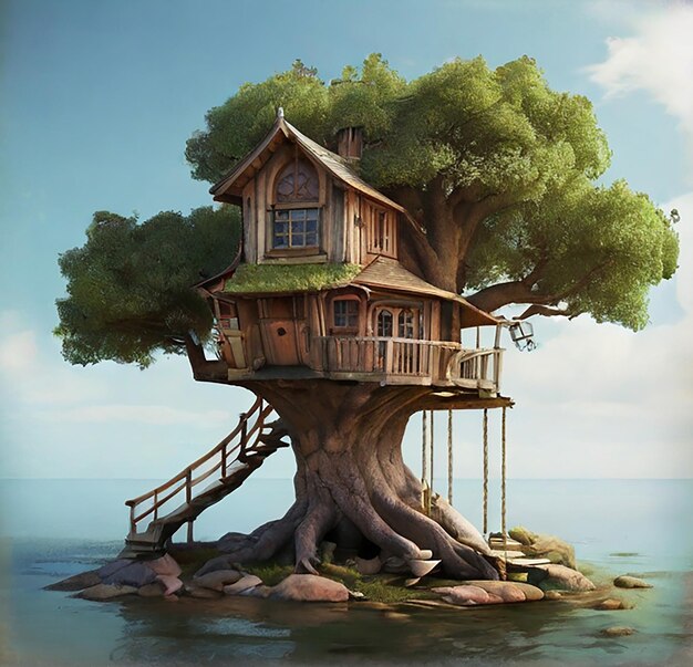 a tree house with a house on the top of it