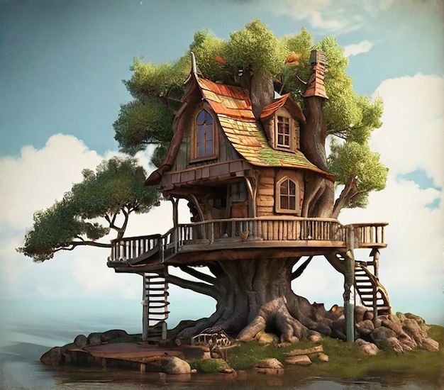 a tree house with a house on the top of it