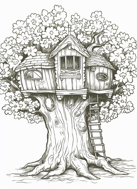 Photo a tree house with a ladder and a ladder to climb up generative ai