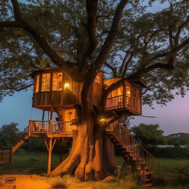 Foto una casa sull'albero con una scala e luci sul tetto