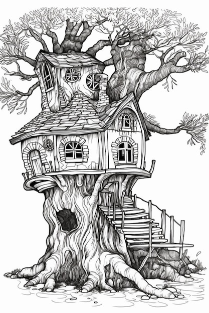 a tree house with a staircase and a staircase leading to it generative ai