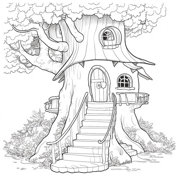 a tree house with stairs leading to a tree trunk generative ai