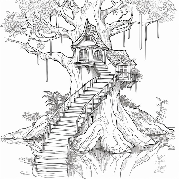 a tree house with stairs leading to a tree with a staircase generative ai