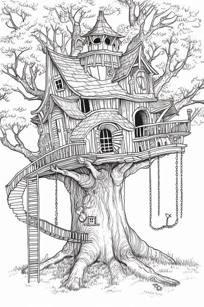 a tree house with a swing and a swing in the middle generative ai