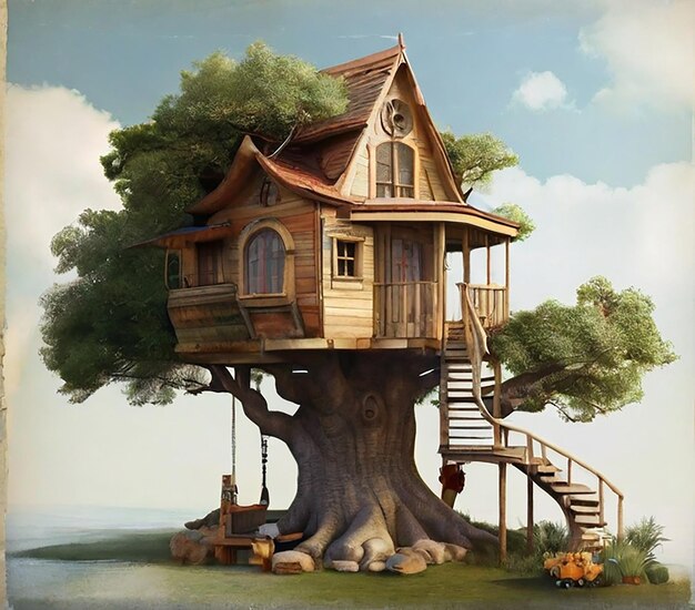 a tree house with a tree house on the bottom